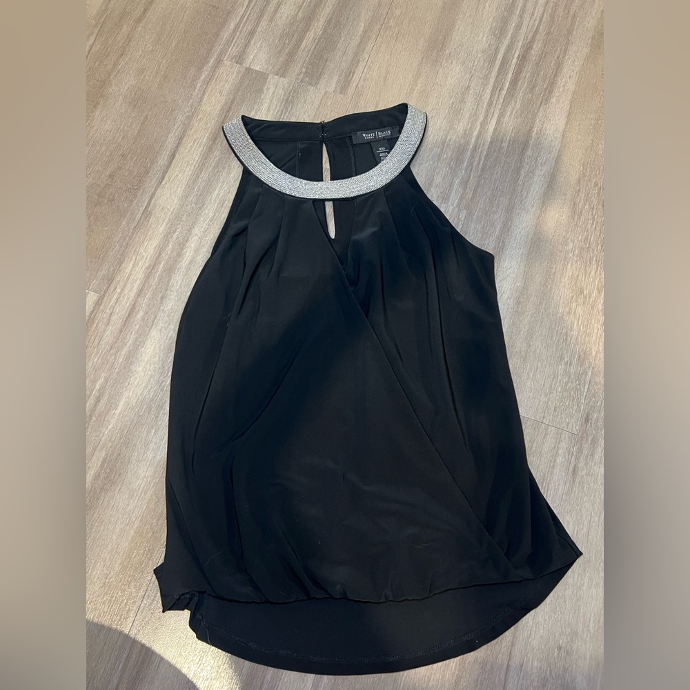 White House Black Market Asymmetrical Embellished Blouse Black and White